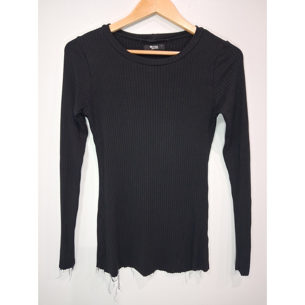 Michael Lauren Womens Black Ribbed Long‎ Sleeve Distressed Raw Hem Top Size L